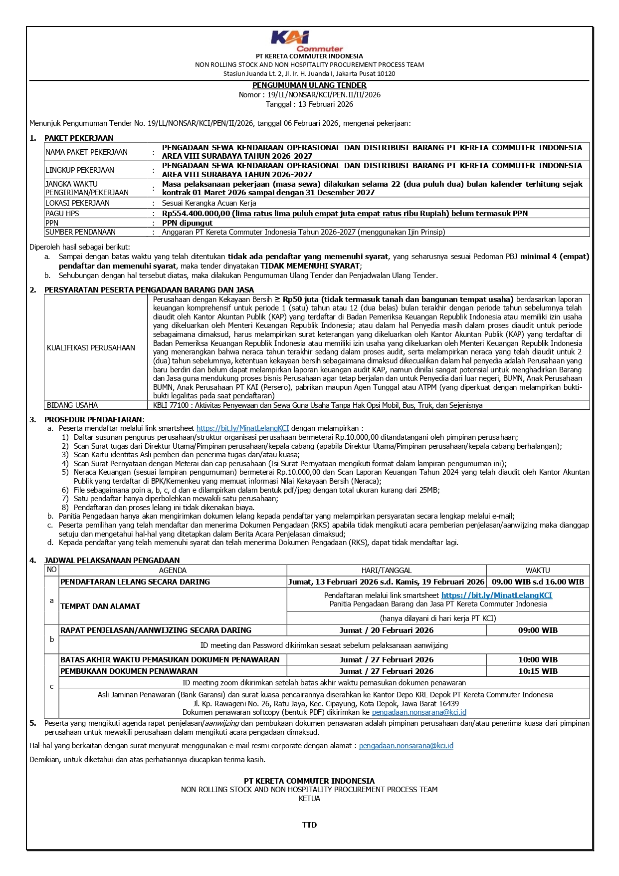 3 pengumuman ulang 19 sewa kendaraan operasional area 8 pt kci 2026 2027 page 0001